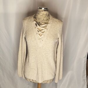 American Eagle Outfitters Beige Lace-Up V-Neck Sweater Easy To Wear Relaxed Boho
